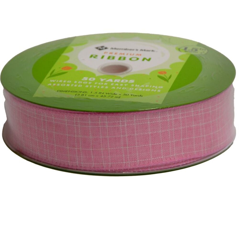 Member's Mark Premium Wired Ribbon 50 Yards 1-1/2 in Width, Pink and White